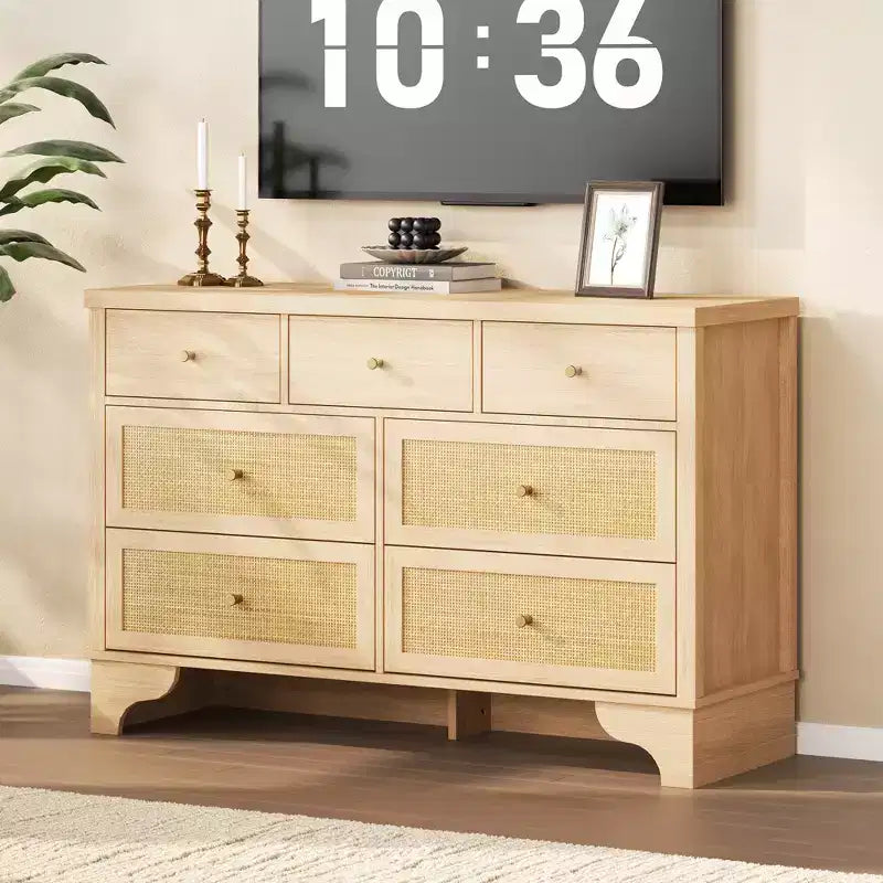 Cassettiera a 7 cassetti, cassettiere e comò moderni in legno di rattan naturale per camera da letto, cassettiera organizer larga con cassetti profondi