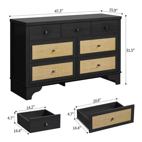 Cassettiera a 7 cassetti, cassettiere e comò moderni in legno di rattan naturale per camera da letto, cassettiera organizer larga con cassetti profondi