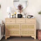 Cassettiera a 7 cassetti, cassettiere e comò moderni in legno di rattan naturale per camera da letto, cassettiera organizer larga con cassetti profondi