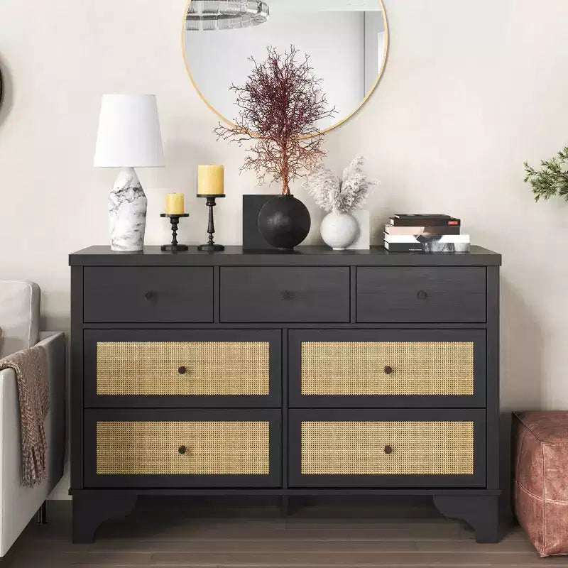 Cassettiera a 7 cassetti, cassettiere e comò moderni in legno di rattan naturale per camera da letto, cassettiera organizer larga con cassetti profondi