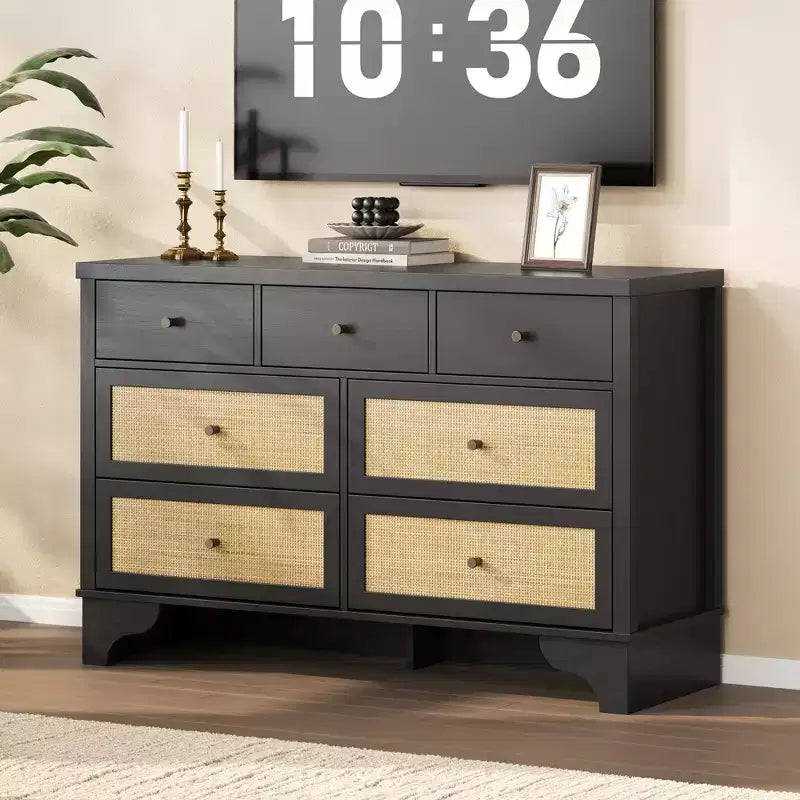 Cassettiera a 7 cassetti, cassettiere e comò moderni in legno di rattan naturale per camera da letto, cassettiera organizer larga con cassetti profondi