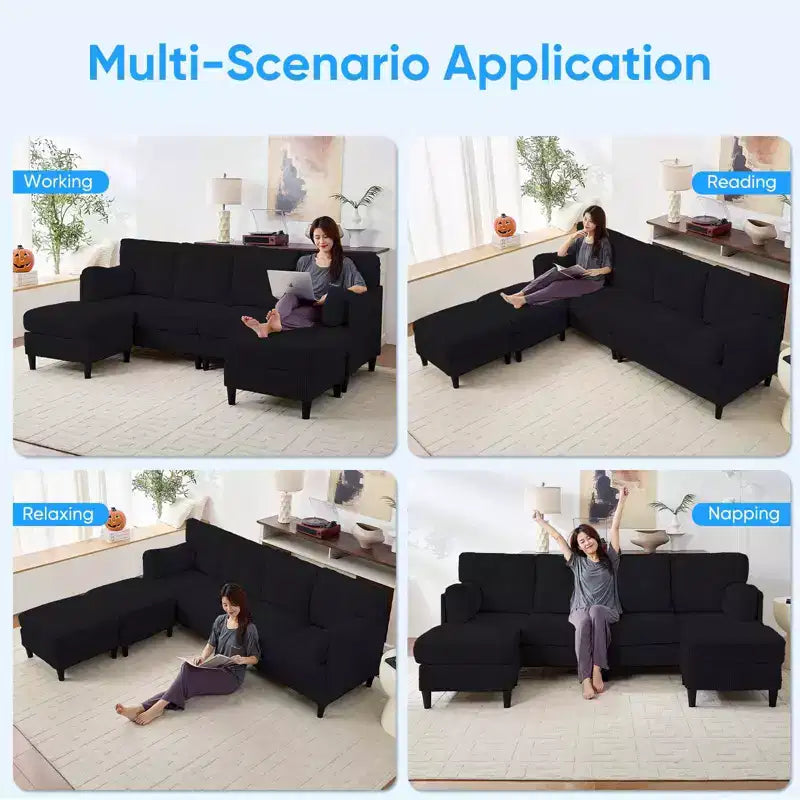 Mjkone Divano componibile a sezione a U in velluto a coste, 4 posti imbottito con pouf mobile