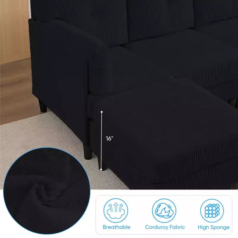 Mjkone Divano componibile a sezione a U in velluto a coste, 4 posti imbottito con pouf mobile