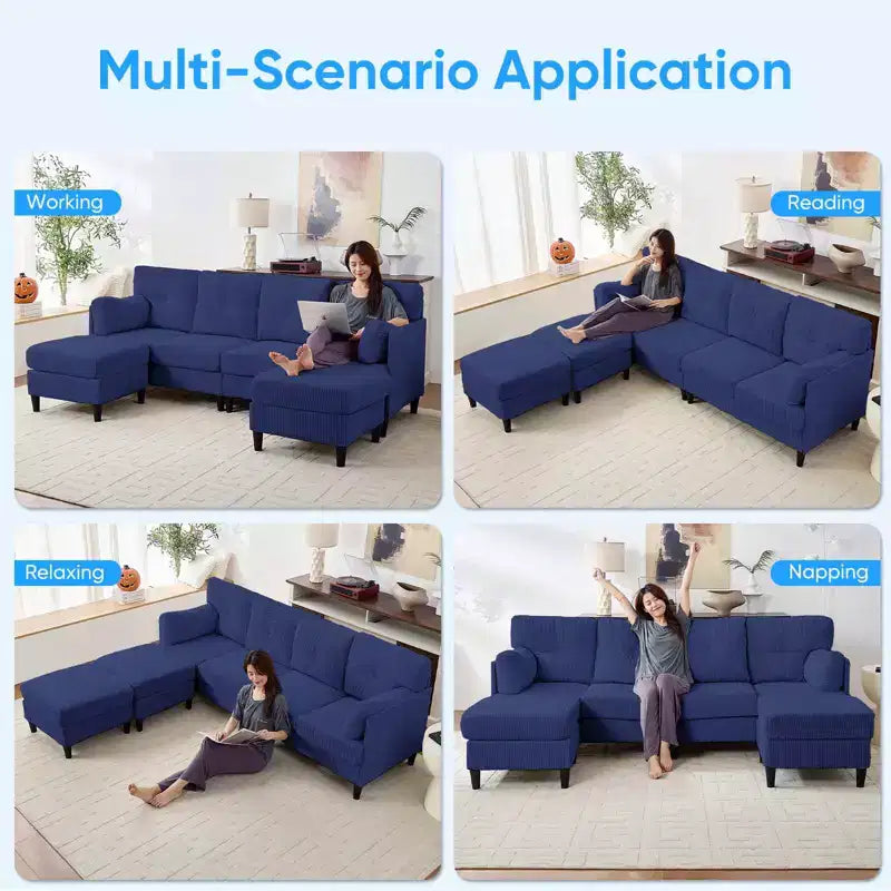 Mjkone Divano componibile a sezione a U in velluto a coste, 4 posti imbottito con pouf mobile