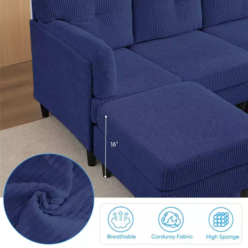 Mjkone Divano componibile a sezione a U in velluto a coste, 4 posti imbottito con pouf mobile