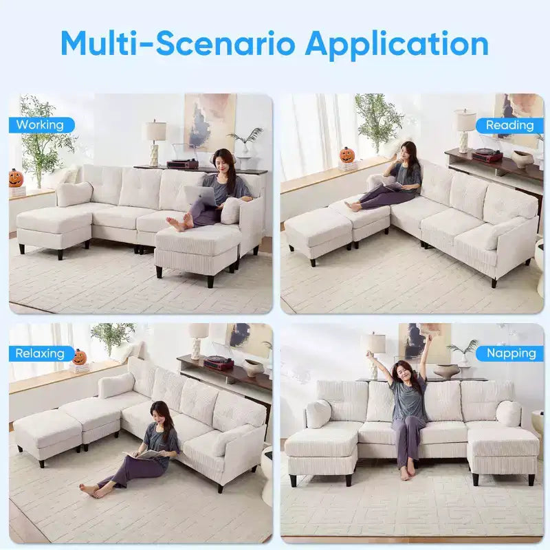 Mjkone Divano componibile a sezione a U in velluto a coste, 4 posti imbottito con pouf mobile