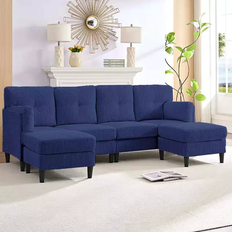 Mjkone Divano componibile a sezione a U in velluto a coste, 4 posti imbottito con pouf mobile