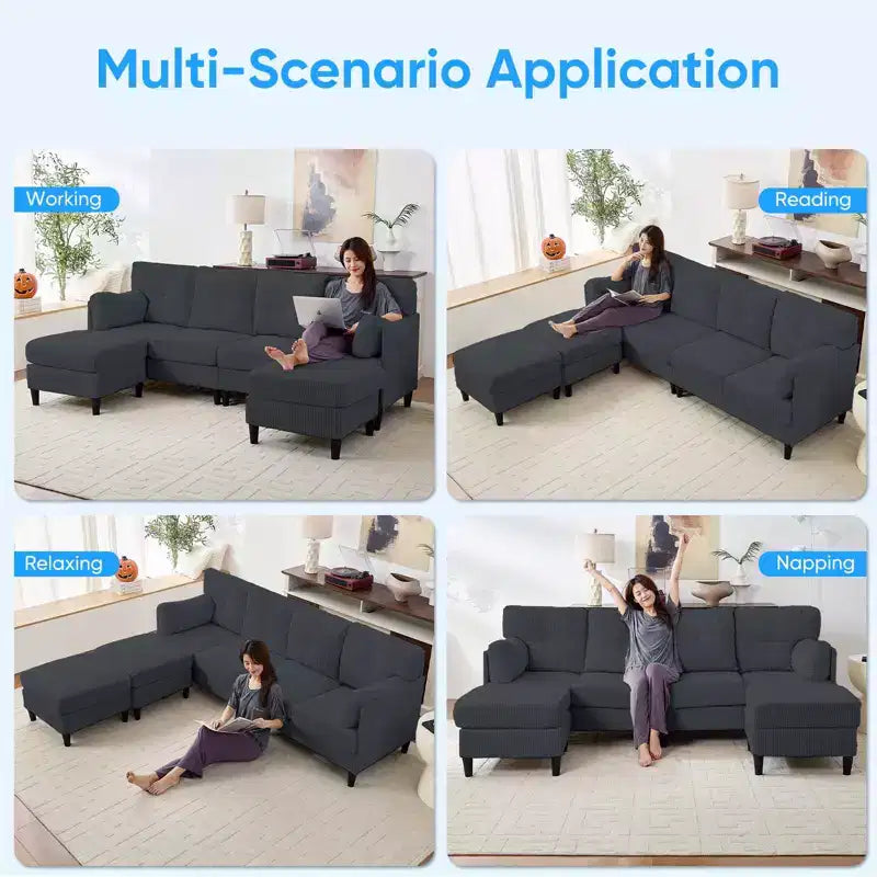 Mjkone Divano componibile a sezione a U in velluto a coste, 4 posti imbottito con pouf mobile