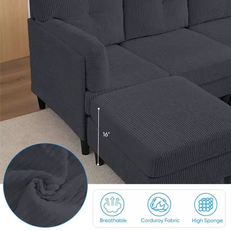 Mjkone Divano componibile a sezione a U in velluto a coste, 4 posti imbottito con pouf mobile
