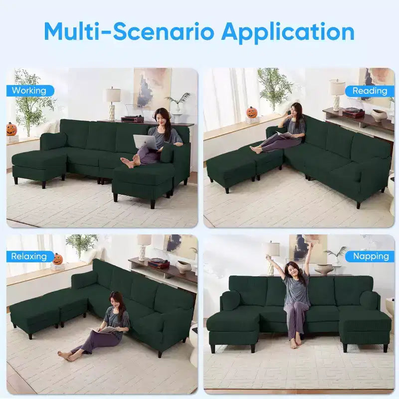 Mjkone Divano componibile a sezione a U in velluto a coste, 4 posti imbottito con pouf mobile