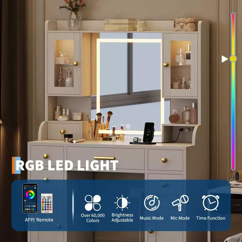 Toeletta da Trucco con Specchio e Luci, 3 Modalità di Illuminazione, Grande Tavolo da Trucco con Stazione di Ricarica, Bianco