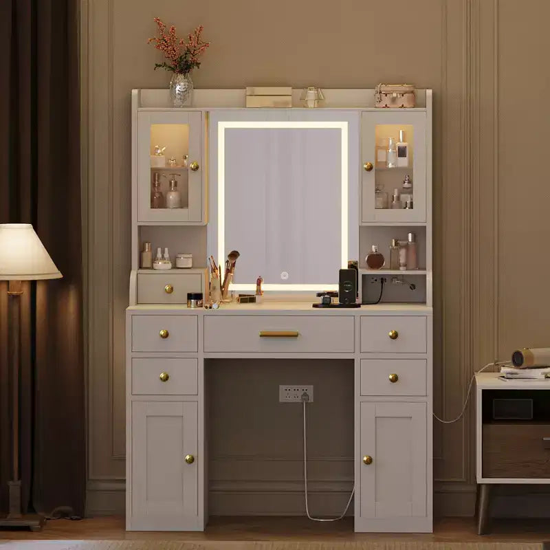 Toeletta da Trucco con Specchio e Luci, 3 Modalità di Illuminazione, Grande Tavolo da Trucco con Stazione di Ricarica, Bianco