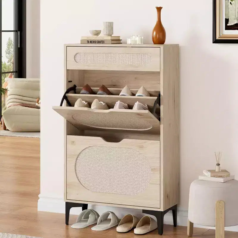 Scarpiera DobleePy in Rovere e Rattan, Scarpiera a 3 Livelli con 2 Cassetti a Ribalta e 1 Cassetto Estraibile, Scaffale Regolabile, Organizzatore Stretto per Ingresso