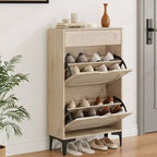 Scarpiera DobleePy in Rovere e Rattan, Scarpiera a 3 Livelli con 2 Cassetti a Ribalta e 1 Cassetto Estraibile, Scaffale Regolabile, Organizzatore Stretto per Ingresso