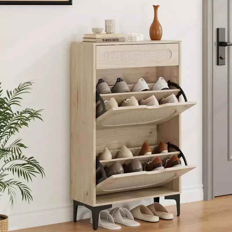 Scarpiera DobleePy in Rovere e Rattan, Scarpiera a 3 Livelli con 2 Cassetti a Ribalta e 1 Cassetto Estraibile, Scaffale Regolabile, Organizzatore Stretto per Ingresso