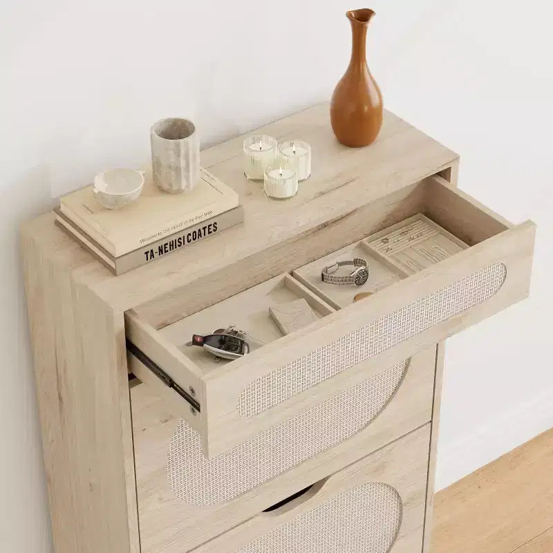 Scarpiera DobleePy in Rovere e Rattan, Scarpiera a 3 Livelli con 2 Cassetti a Ribalta e 1 Cassetto Estraibile, Scaffale Regolabile, Organizzatore Stretto per Ingresso