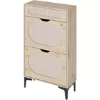 Scarpiera DobleePy in Rovere e Rattan, Scarpiera a 3 Livelli con 2 Cassetti a Ribalta e 1 Cassetto Estraibile, Scaffale Regolabile, Organizzatore Stretto per Ingresso