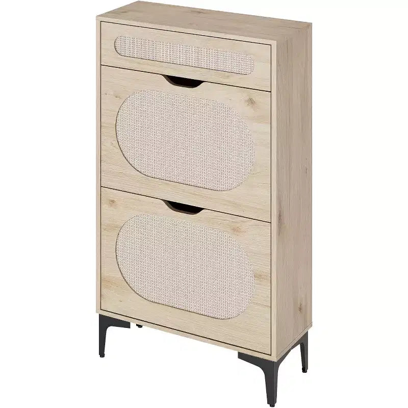 Scarpiera DobleePy in Rovere e Rattan, Scarpiera a 3 Livelli con 2 Cassetti a Ribalta e 1 Cassetto Estraibile, Scaffale Regolabile, Organizzatore Stretto per Ingresso