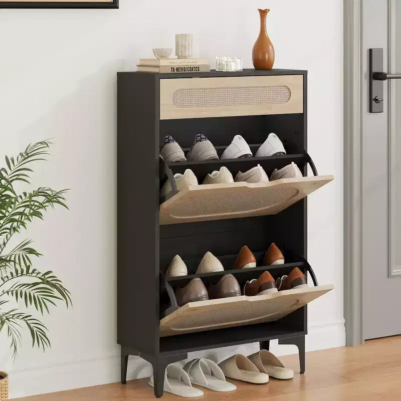 Scarpiera DobleePy in Rovere e Rattan, Scarpiera a 3 Livelli con 2 Cassetti a Ribalta e 1 Cassetto Estraibile, Scaffale Regolabile, Organizzatore Stretto per Ingresso