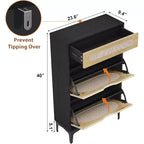 Scarpiera DobleePy in Rovere e Rattan, Scarpiera a 3 Livelli con 2 Cassetti a Ribalta e 1 Cassetto Estraibile, Scaffale Regolabile, Organizzatore Stretto per Ingresso