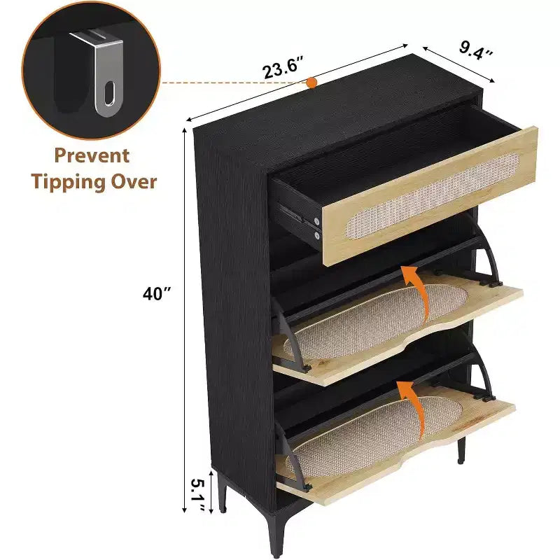 Scarpiera DobleePy in Rovere e Rattan, Scarpiera a 3 Livelli con 2 Cassetti a Ribalta e 1 Cassetto Estraibile, Scaffale Regolabile, Organizzatore Stretto per Ingresso