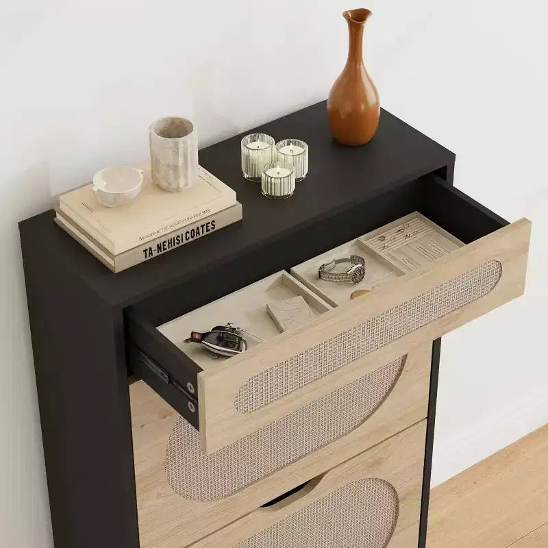 Scarpiera DobleePy in Rovere e Rattan, Scarpiera a 3 Livelli con 2 Cassetti a Ribalta e 1 Cassetto Estraibile, Scaffale Regolabile, Organizzatore Stretto per Ingresso