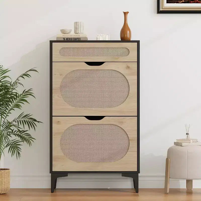Scarpiera DobleePy in Rovere e Rattan, Scarpiera a 3 Livelli con 2 Cassetti a Ribalta e 1 Cassetto Estraibile, Scaffale Regolabile, Organizzatore Stretto per Ingresso