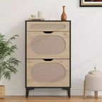 Scarpiera DobleePy in Rovere e Rattan, Scarpiera a 3 Livelli con 2 Cassetti a Ribalta e 1 Cassetto Estraibile, Scaffale Regolabile, Organizzatore Stretto per Ingresso