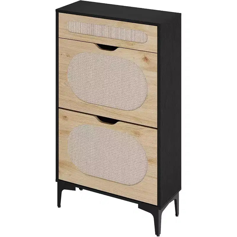 Scarpiera DobleePy in Rovere e Rattan, Scarpiera a 3 Livelli con 2 Cassetti a Ribalta e 1 Cassetto Estraibile, Scaffale Regolabile, Organizzatore Stretto per Ingresso
