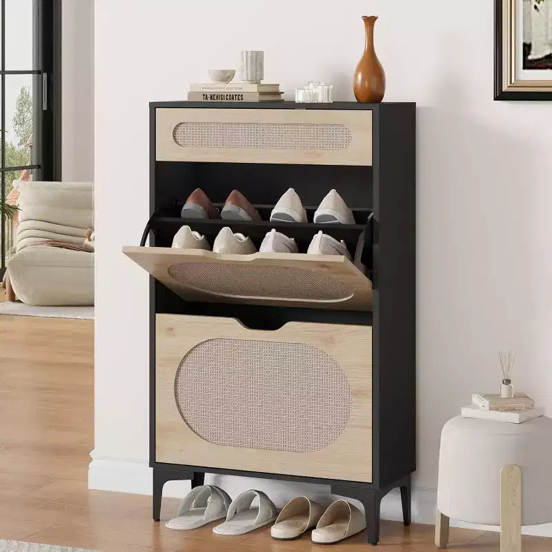 DobleePy Oak Rattan Shoe Cabinet, 3-Tier Shoe Storage with 2 Flip Drawers & 1 Pull-Out Drawer, Adjustable Shelf, Narrow Organizer for Entryway