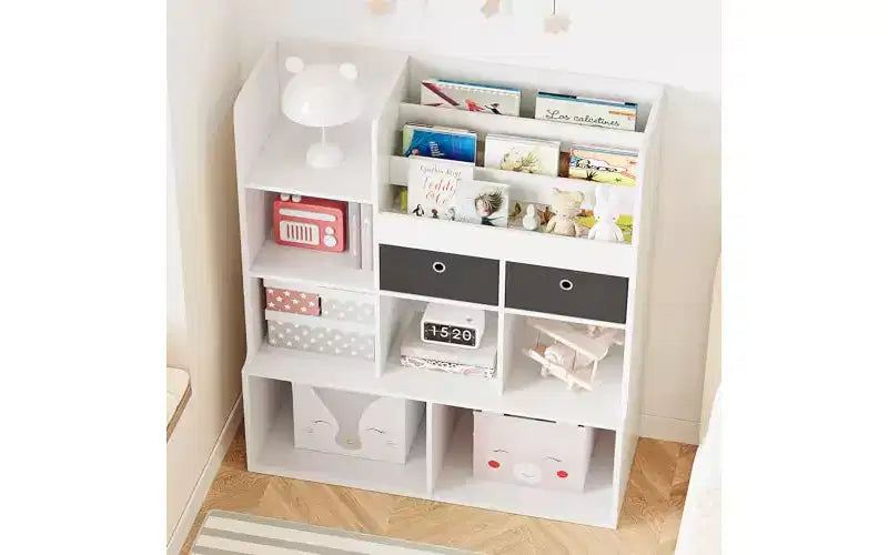 GustoWave Scaffale per Libri per Bambini a 4 Livelli, Organizzatore Porta Giocattoli in Legno, Libreria per Bambini con 10 Scomparti e 2 Cassetti, Mobile Contenitore per Bambini