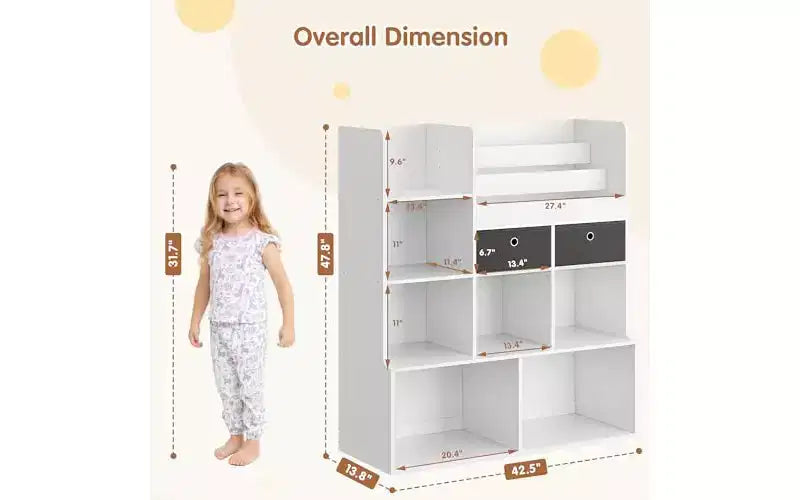 GustoWave Scaffale per Libri per Bambini a 4 Livelli, Organizzatore Porta Giocattoli in Legno, Libreria per Bambini con 10 Scomparti e 2 Cassetti, Mobile Contenitore per Bambini