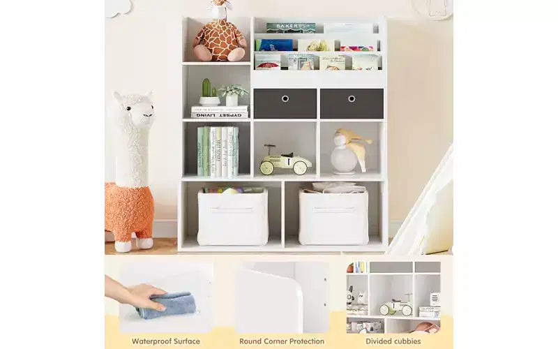 GustoWave Scaffale per Libri per Bambini a 4 Livelli, Organizzatore Porta Giocattoli in Legno, Libreria per Bambini con 10 Scomparti e 2 Cassetti, Mobile Contenitore per Bambini