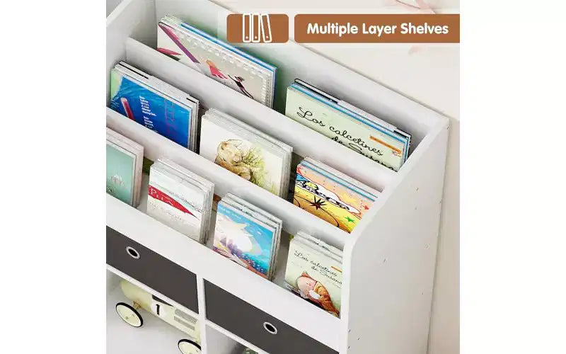 GustoWave Scaffale per Libri per Bambini a 4 Livelli, Organizzatore Porta Giocattoli in Legno, Libreria per Bambini con 10 Scomparti e 2 Cassetti, Mobile Contenitore per Bambini