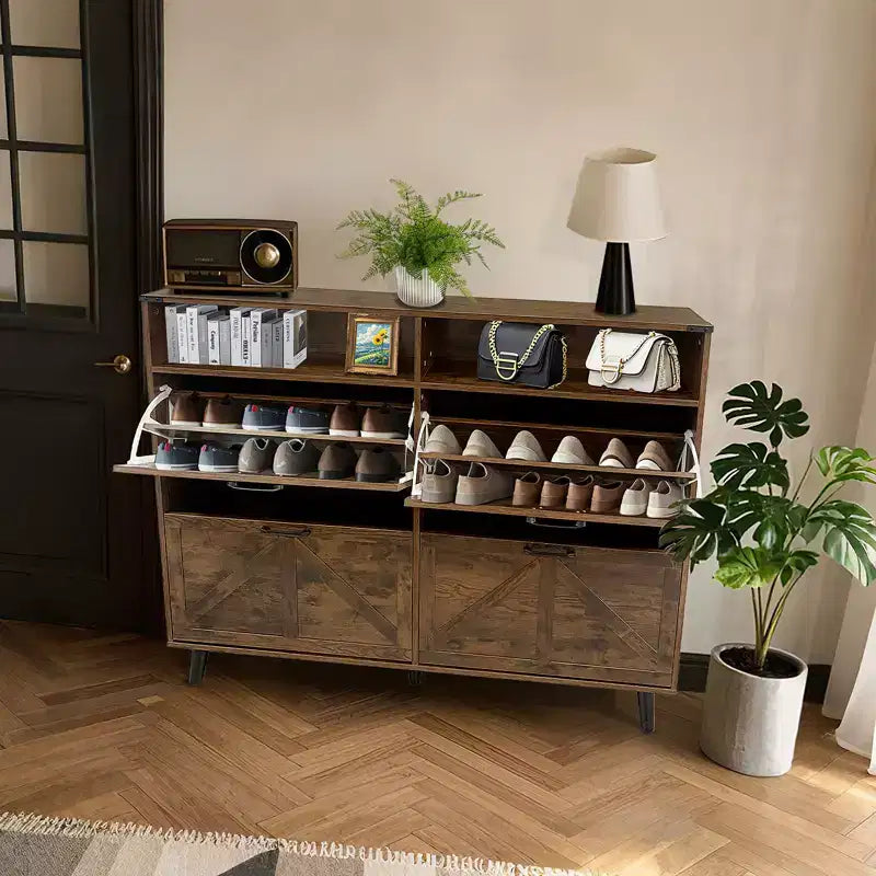 CuisinSmart Scarpiera, Scarpiera a 4 Ante a Ribalta con Cassetti e Ripiani Regolabili, Scarpiera Indipendente per Soggiorno, Ingresso