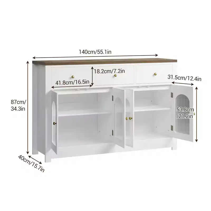 Credenza Madia Buffet da 140 cm, Mobile Bar da Caffè in Legno con Ante in Vetro e 3 Cassetti, Tavolo Console Multimediale Moderno, Armadio Dispensa per Cucina