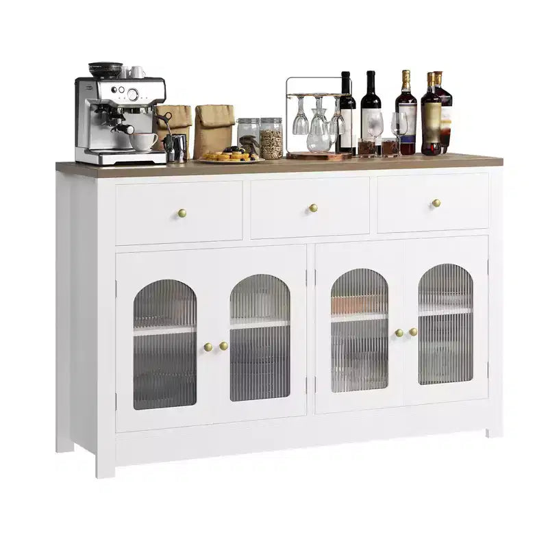Credenza Madia Buffet da 140 cm, Mobile Bar da Caffè in Legno con Ante in Vetro e 3 Cassetti, Tavolo Console Multimediale Moderno, Armadio Dispensa per Cucina