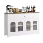 Credenza Madia Buffet da 140 cm, Mobile Bar da Caffè in Legno con Ante in Vetro e 3 Cassetti, Tavolo Console Multimediale Moderno, Armadio Dispensa per Cucina