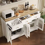 Credenza Madia Buffet da 140 cm, Mobile Bar da Caffè in Legno con Ante in Vetro e 3 Cassetti, Tavolo Console Multimediale Moderno, Armadio Dispensa per Cucina