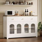 Credenza Madia Buffet da 140 cm, Mobile Bar da Caffè in Legno con Ante in Vetro e 3 Cassetti, Tavolo Console Multimediale Moderno, Armadio Dispensa per Cucina