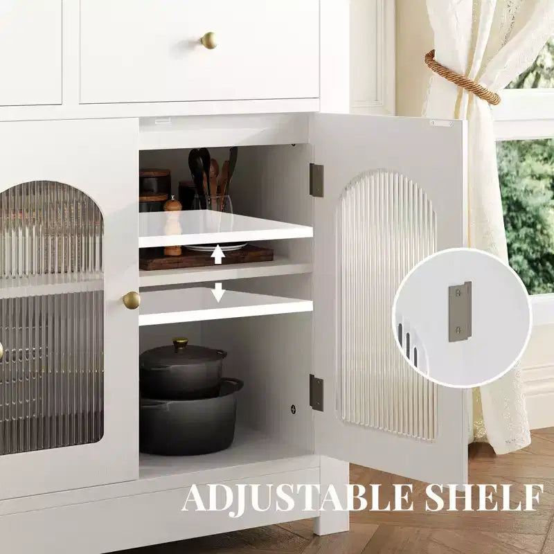 Credenza Madia Buffet da 140 cm, Mobile Bar da Caffè in Legno con Ante in Vetro e 3 Cassetti, Tavolo Console Multimediale Moderno, Armadio Dispensa per Cucina
