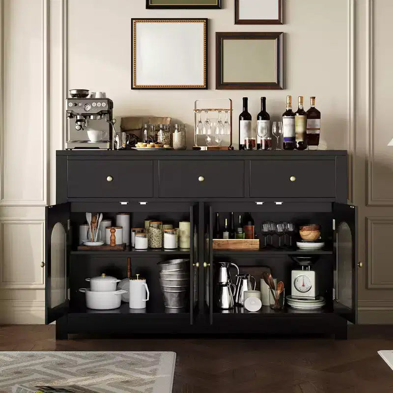Credenza Madia Buffet da 140 cm, Mobile Bar da Caffè in Legno con Ante in Vetro e 3 Cassetti, Tavolo Console Multimediale Moderno, Armadio Dispensa per Cucina