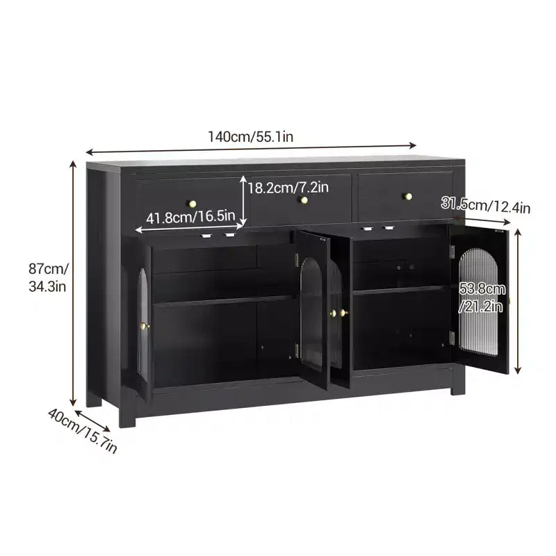 Credenza Madia Buffet da 140 cm, Mobile Bar da Caffè in Legno con Ante in Vetro e 3 Cassetti, Tavolo Console Multimediale Moderno, Armadio Dispensa per Cucina