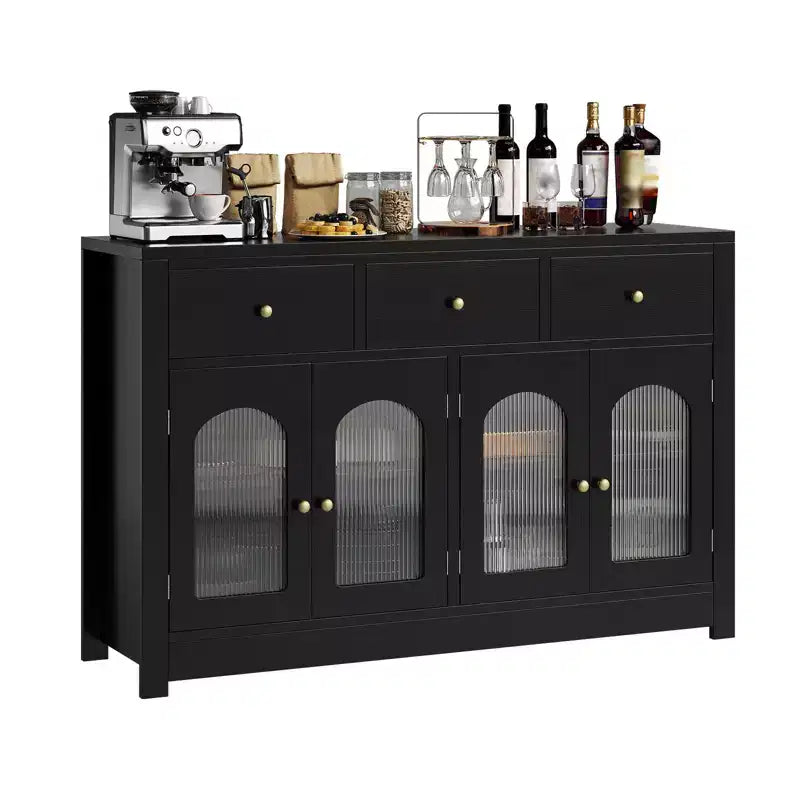Credenza Madia Buffet da 140 cm, Mobile Bar da Caffè in Legno con Ante in Vetro e 3 Cassetti, Tavolo Console Multimediale Moderno, Armadio Dispensa per Cucina