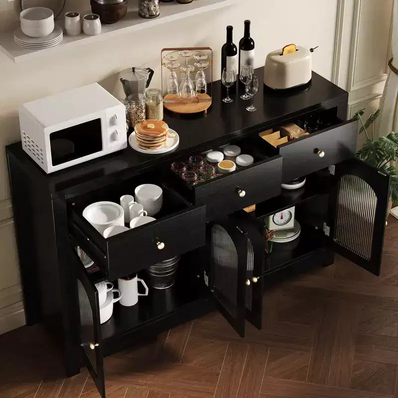 Credenza Madia Buffet da 140 cm, Mobile Bar da Caffè in Legno con Ante in Vetro e 3 Cassetti, Tavolo Console Multimediale Moderno, Armadio Dispensa per Cucina