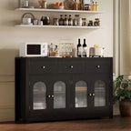 Credenza Madia Buffet da 140 cm, Mobile Bar da Caffè in Legno con Ante in Vetro e 3 Cassetti, Tavolo Console Multimediale Moderno, Armadio Dispensa per Cucina
