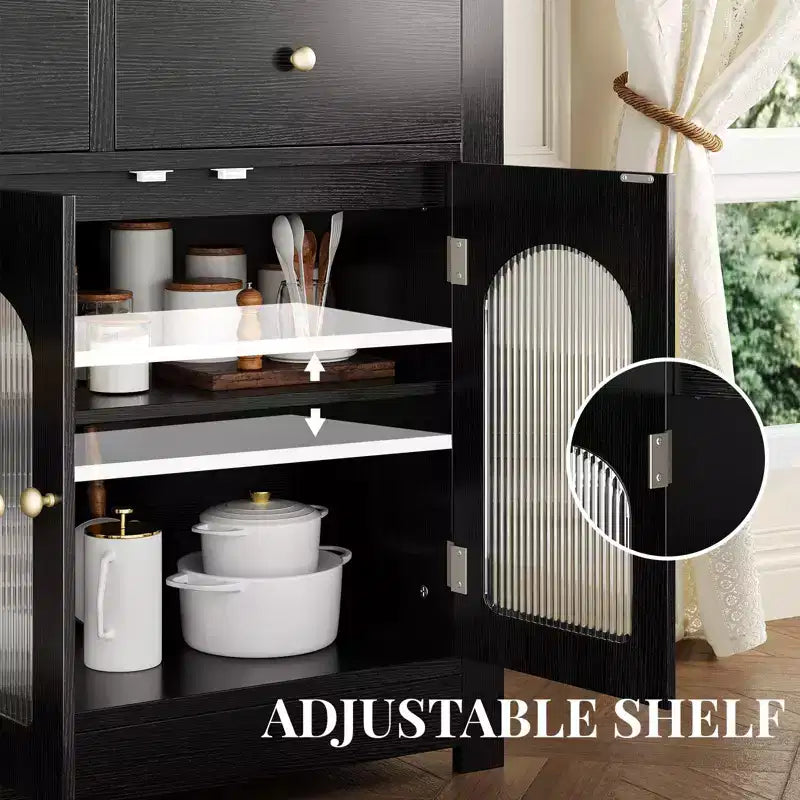 Credenza Madia Buffet da 140 cm, Mobile Bar da Caffè in Legno con Ante in Vetro e 3 Cassetti, Tavolo Console Multimediale Moderno, Armadio Dispensa per Cucina
