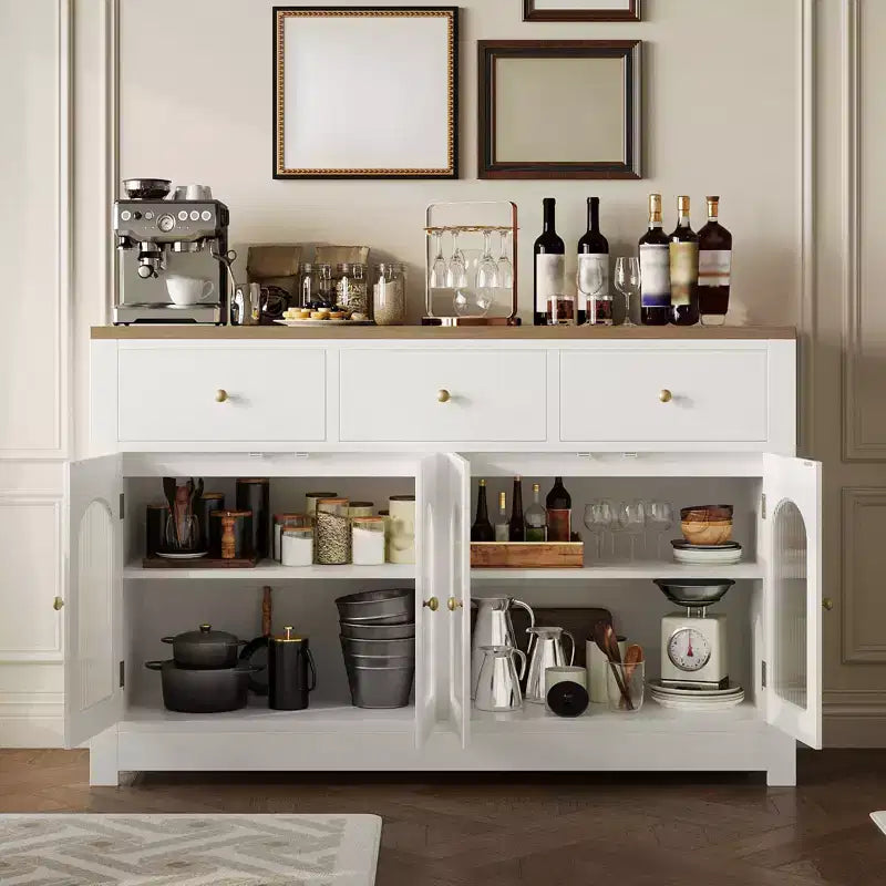 Credenza Madia Buffet da 140 cm, Mobile Bar da Caffè in Legno con Ante in Vetro e 3 Cassetti, Tavolo Console Multimediale Moderno, Armadio Dispensa per Cucina