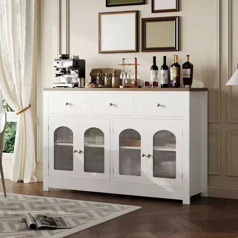 Credenza Madia Buffet da 140 cm, Mobile Bar da Caffè in Legno con Ante in Vetro e 3 Cassetti, Tavolo Console Multimediale Moderno, Armadio Dispensa per Cucina