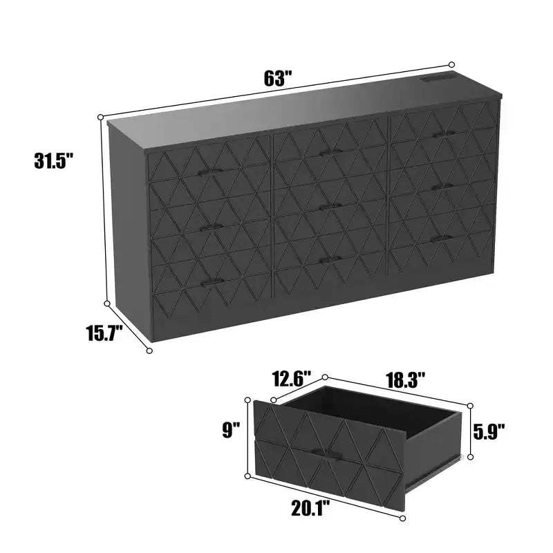 Comò moderno a 9 cassetti con presa di corrente integrata, ampio contenitore per camera da letto, armadio, soggiorno o corridoio